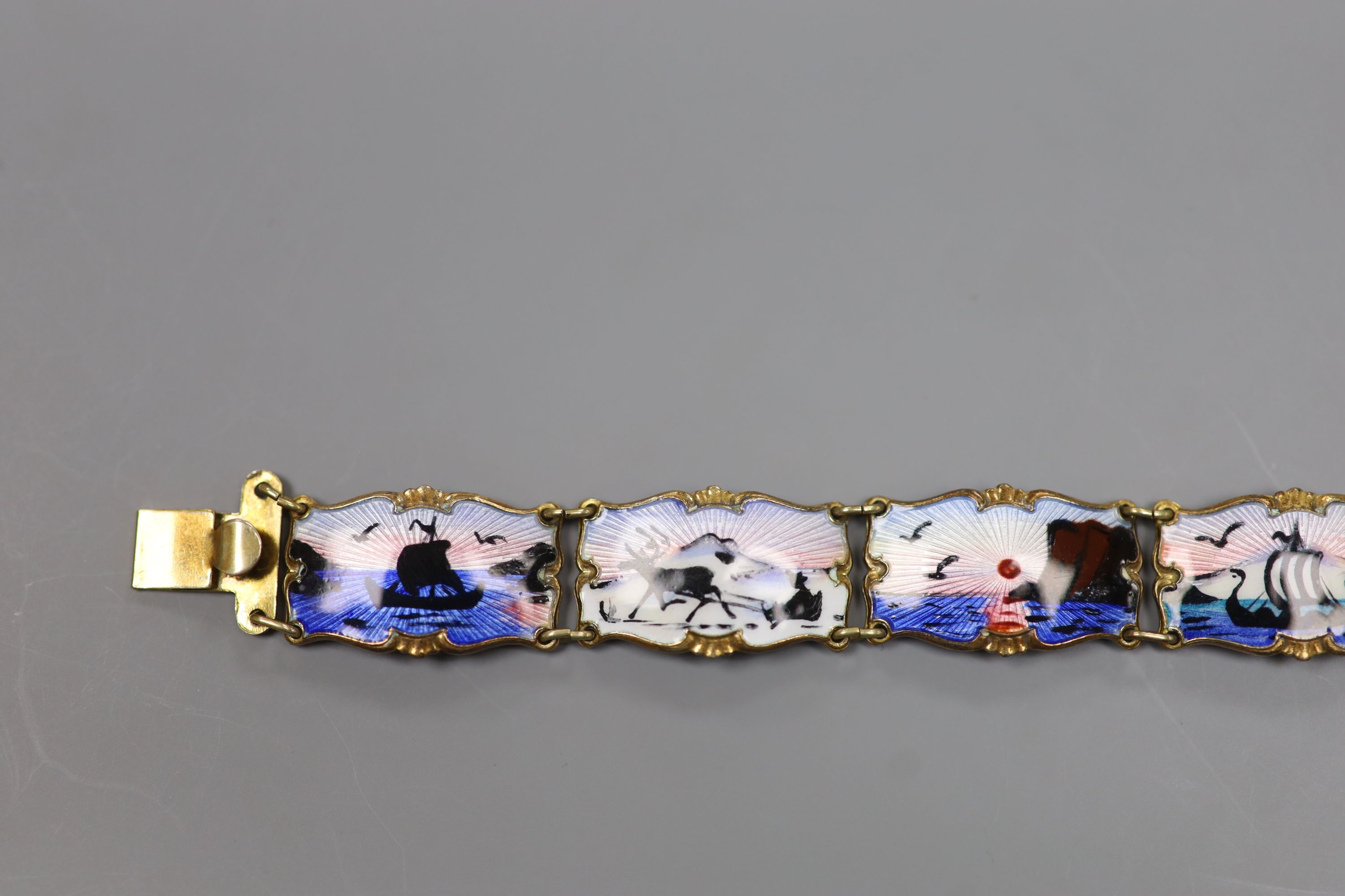 A 20th century Norwegian 830S and polychrome enamel panel set bracelet, 18.5cm